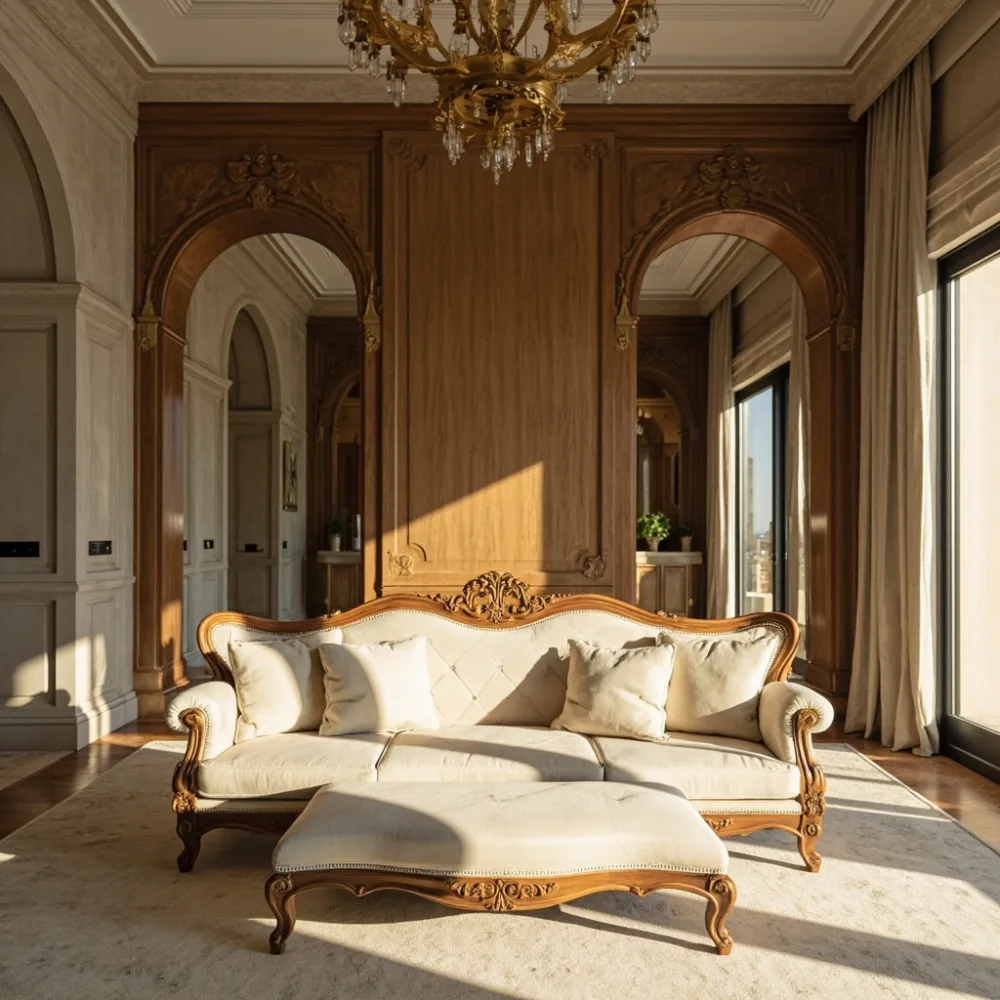 photorealistic interior photo of a Dubai majlis with ivory solid wood sofa, modular lounge chairs, textured rug and layered lighting, no text, no people faces, film grain