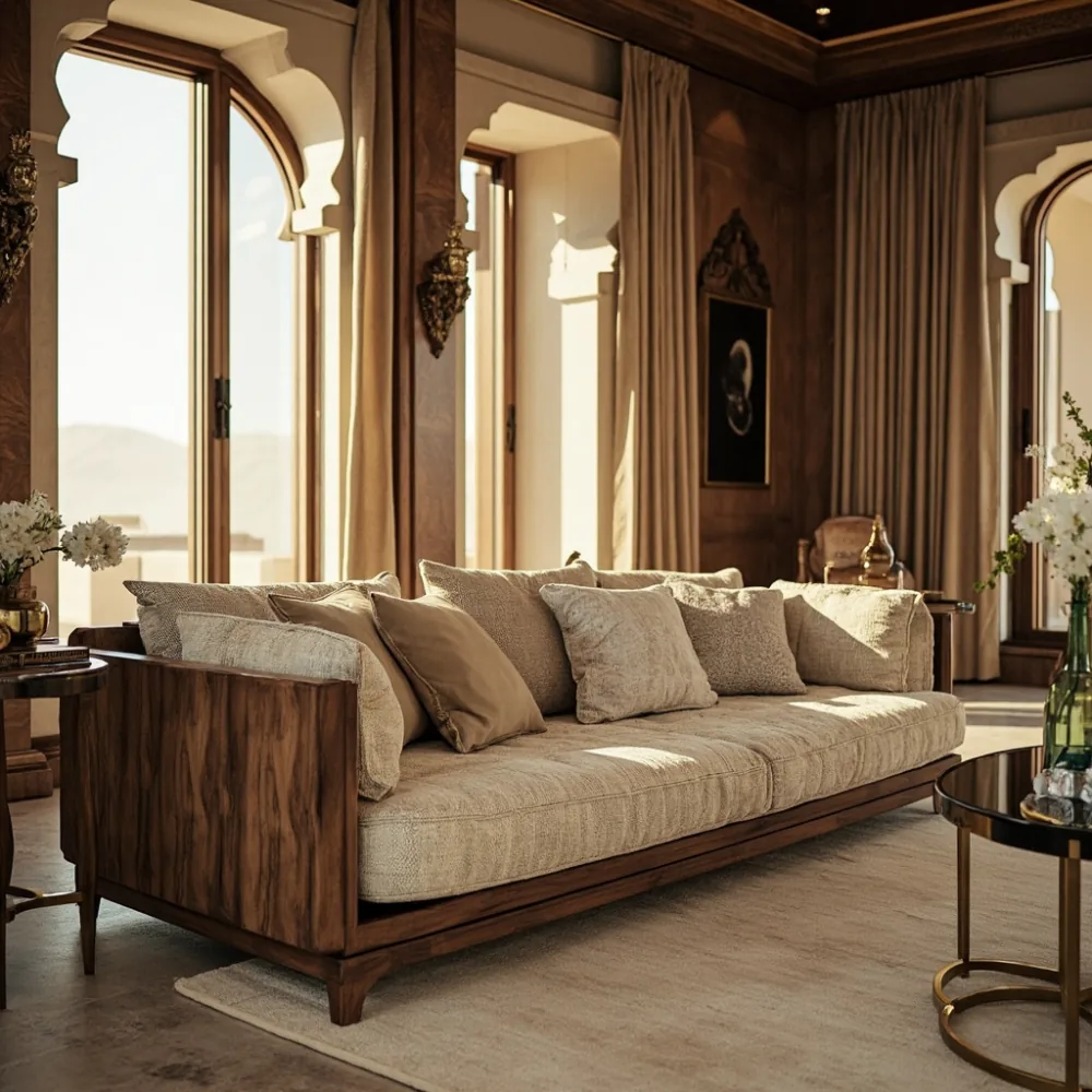 مجلس دبي فاخر بكنبة خشب walnut صلب 280 cm مع قماش bouclé