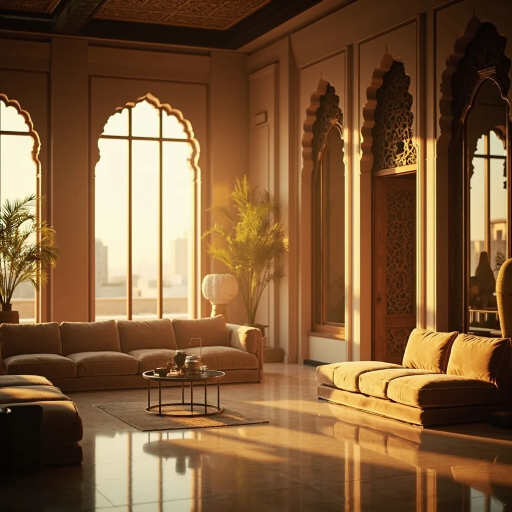 مجلس دبي فاخر بكنب مخمل رملي وإطارات خشب ساج